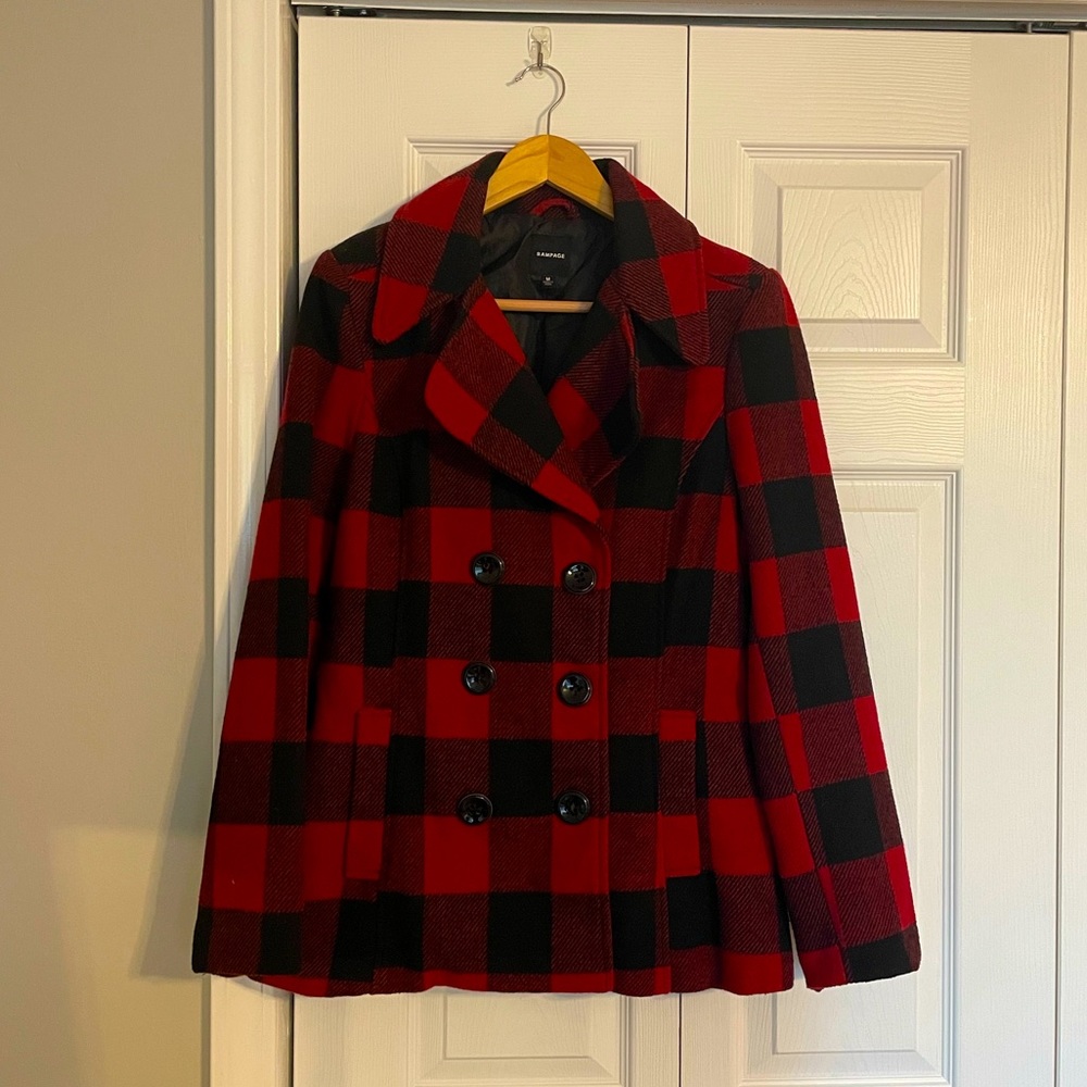 Red and Black Buffalo Plaid Pea Coat
